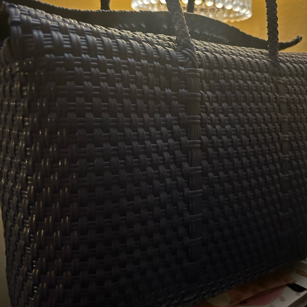 Navy Blue Woven Handbag with Floral Charm - Picture 5 of 6